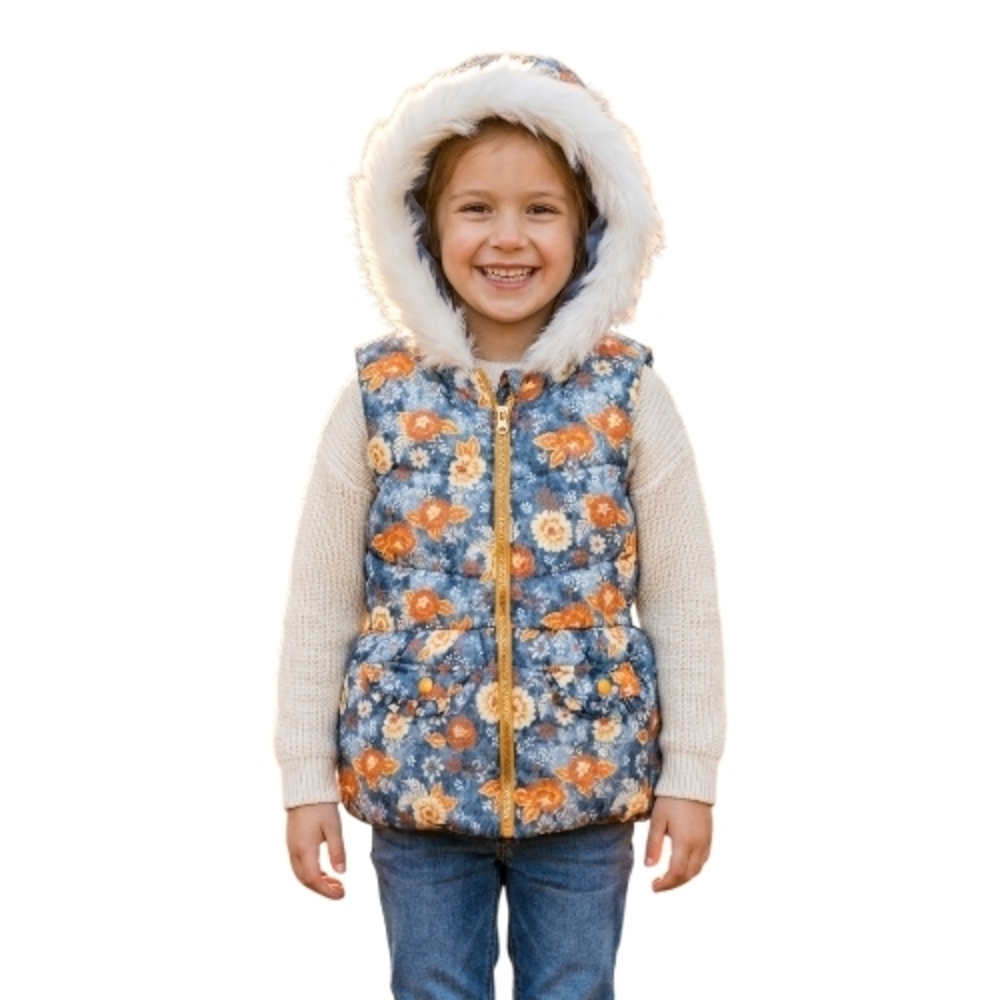 Little Lass Navy Floral Puffer Vest with Faux Fur Hood and Orange Accents Size 6